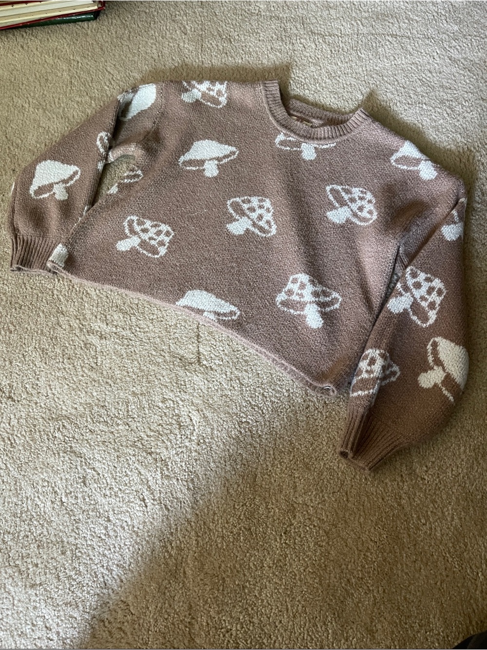 Hippie Rose Brown Crewneck Sweater with White Mushroom Motif